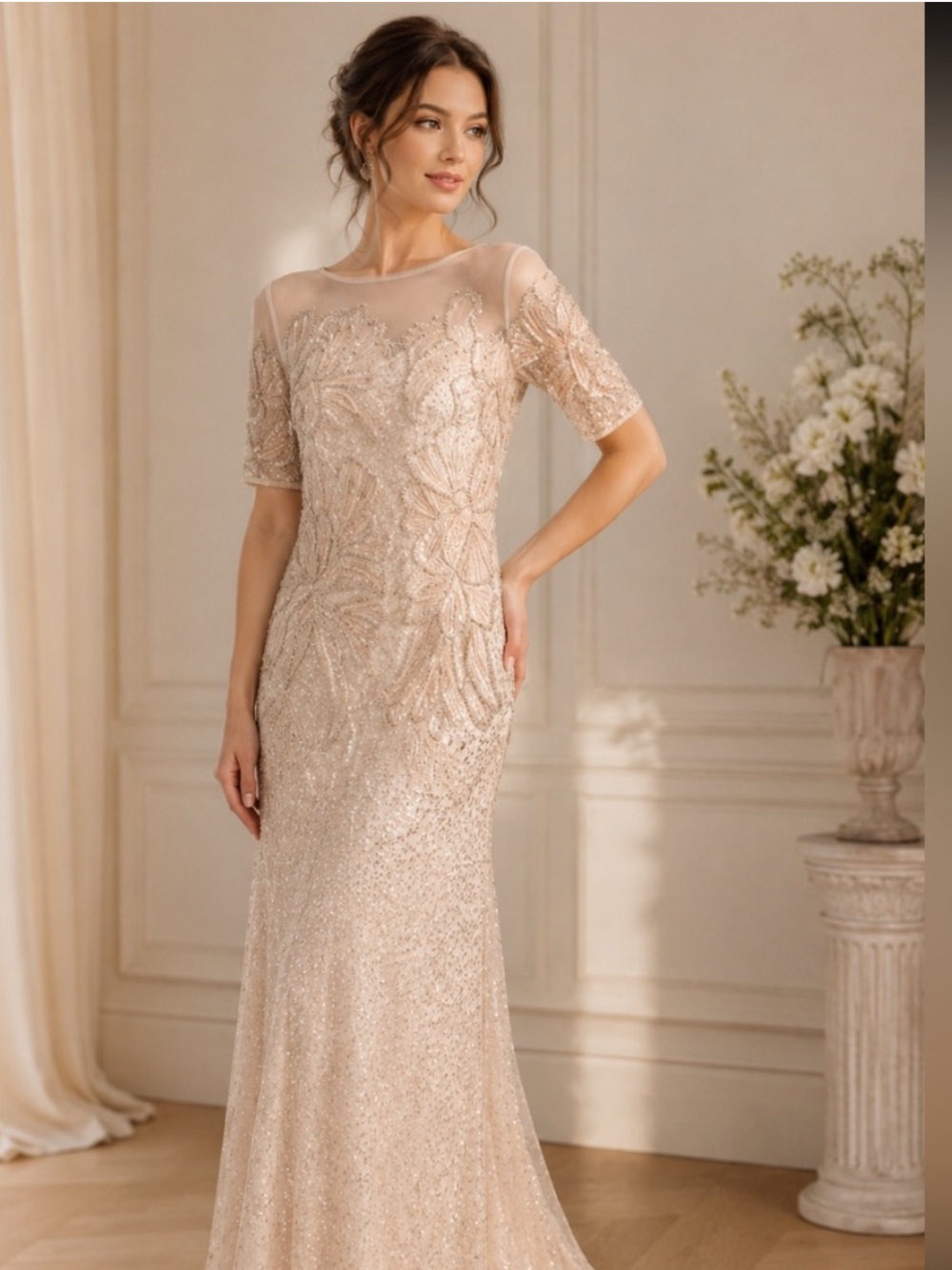 Adrianna Papell beaded elbow sleeves long gown - Picture 1 of 16